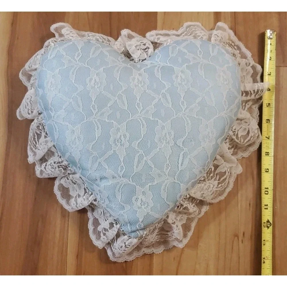 Heart Shaped Floral Lace Throw Pillow Light Blue Cottagecore‎ Victorian Romantic